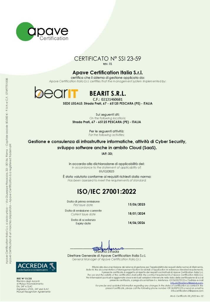 Certificato ISO/IEC 27001:2022 di BearIT rilasciato da Apave Certification Italia srl